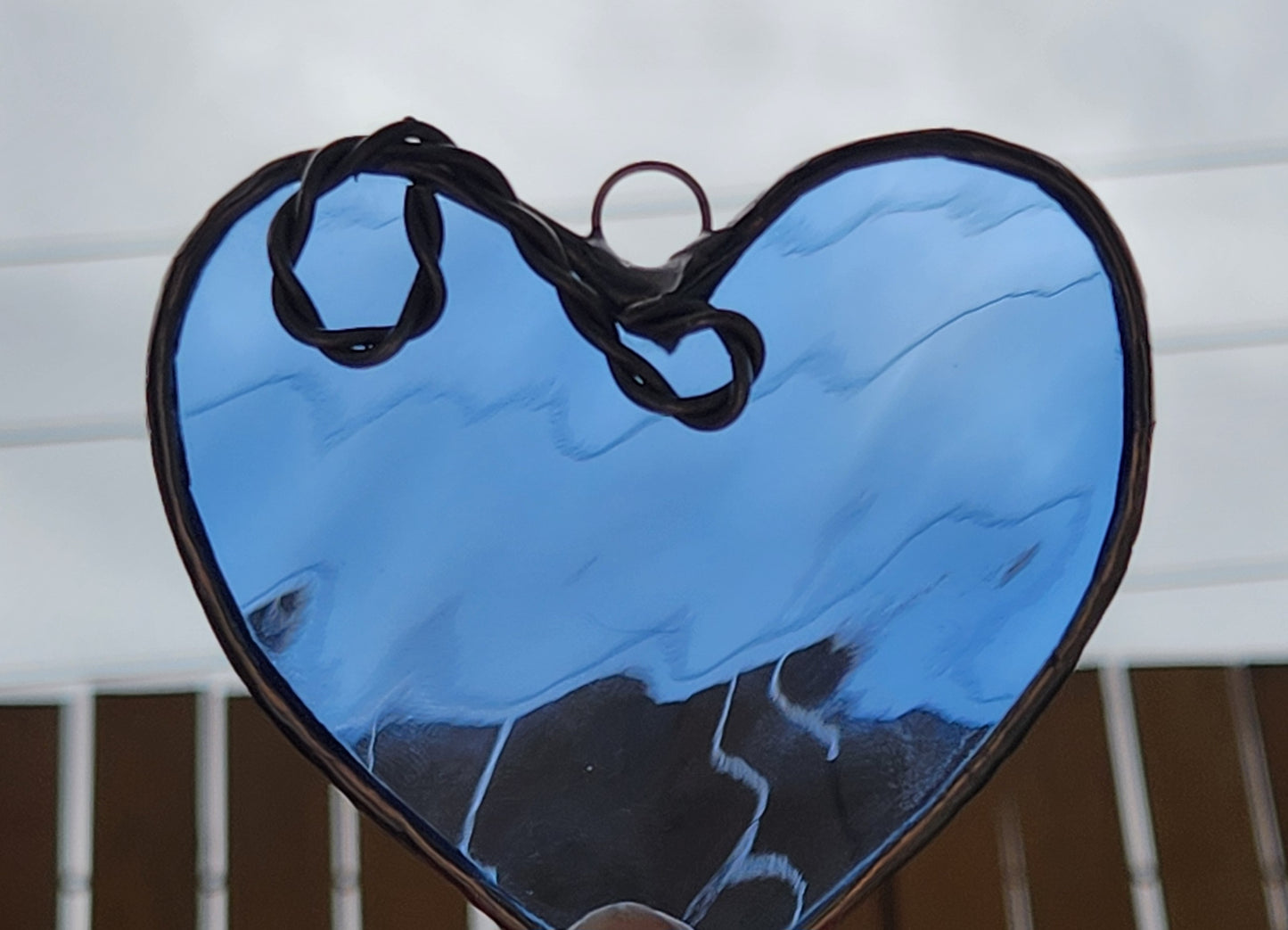 Blue Waterglass Stained Glass Heart with Scroll Accent