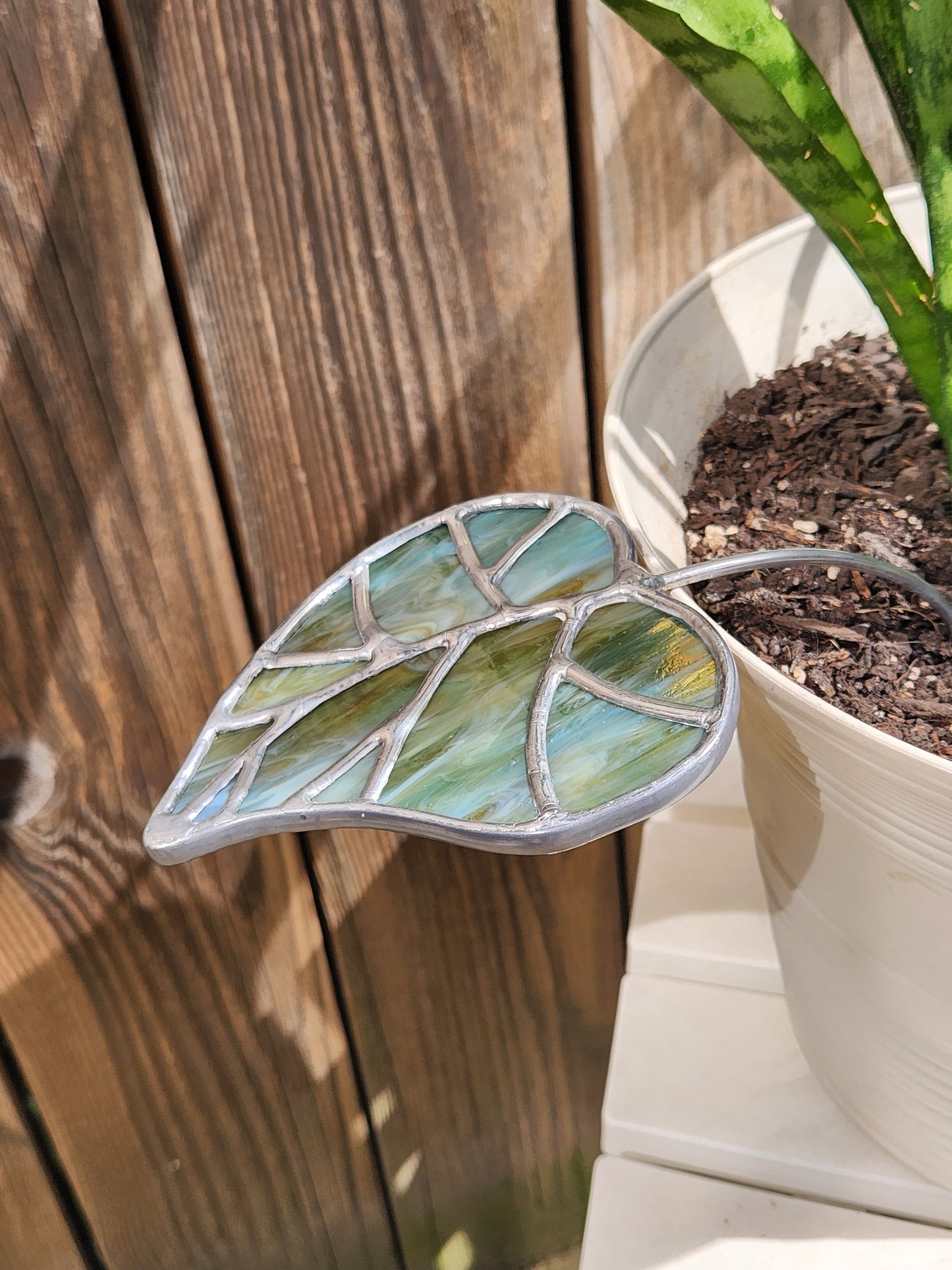 Light Teal-Green Stained Glass Elven Leaf Plant Stake