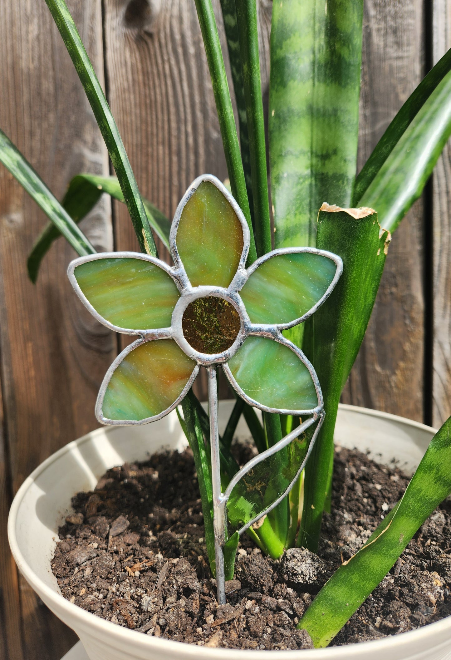Fern Green & Amber Stained Glass Daisy Plant Stake with Vintage Amber Glass Center