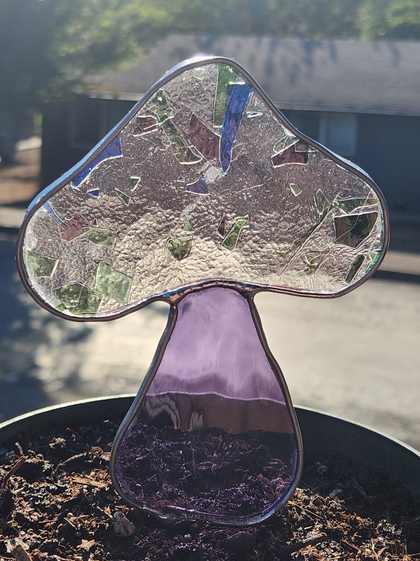 Confetti Glass & Purple Mushroom Plant Stake