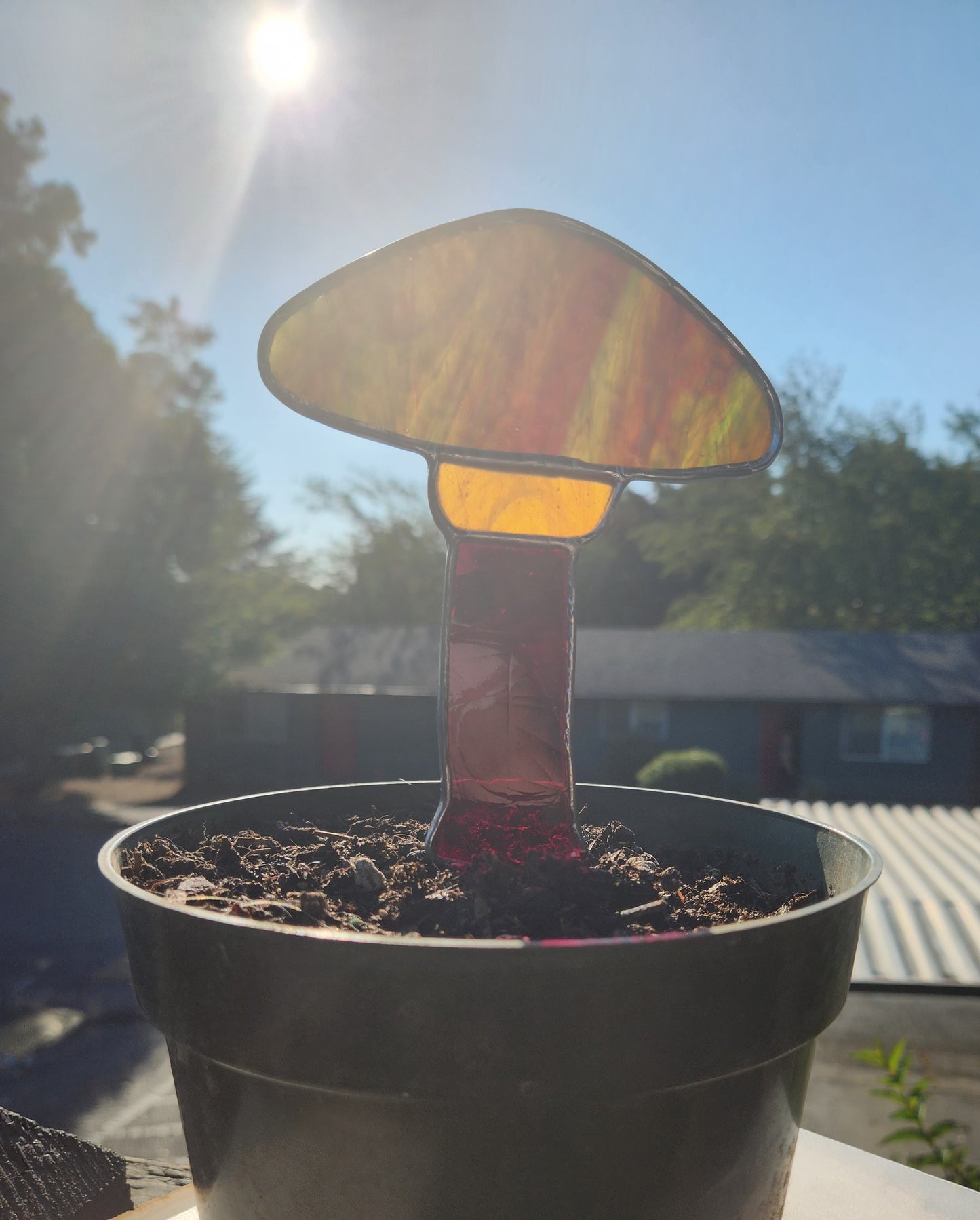 Green, Tan & Red Mushroom Plant Stake