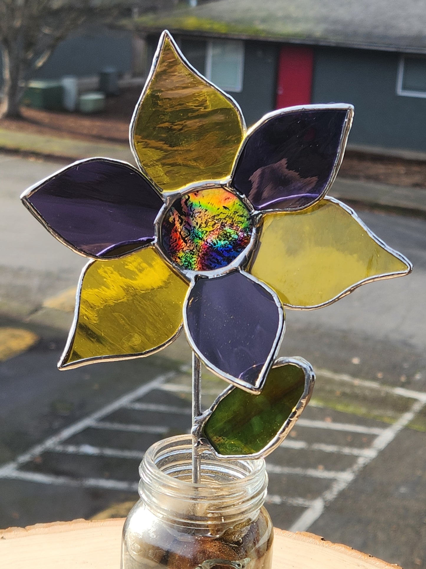 Yellow & Purple Stained Glass Potted Flower with Dircho Center