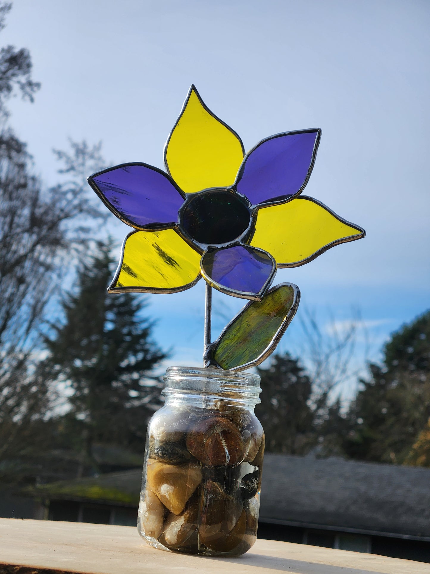 Yellow & Purple Stained Glass Potted Flower with Dircho Center