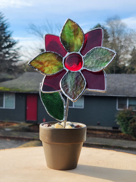 Red & Green Ripple Stained Glass Potted Flower