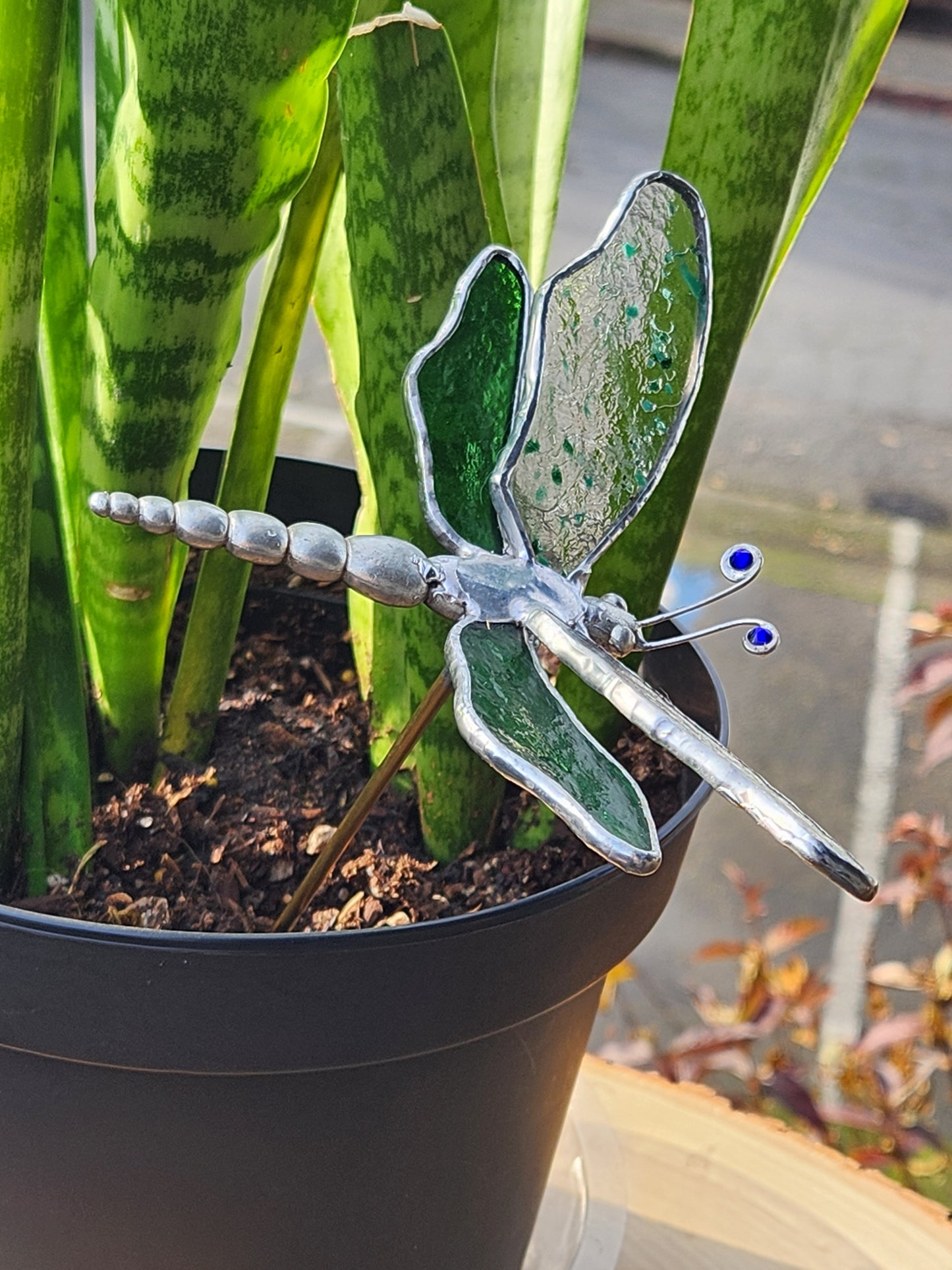 Solid Green & Streamer Glass Dragonfly Plant Stake