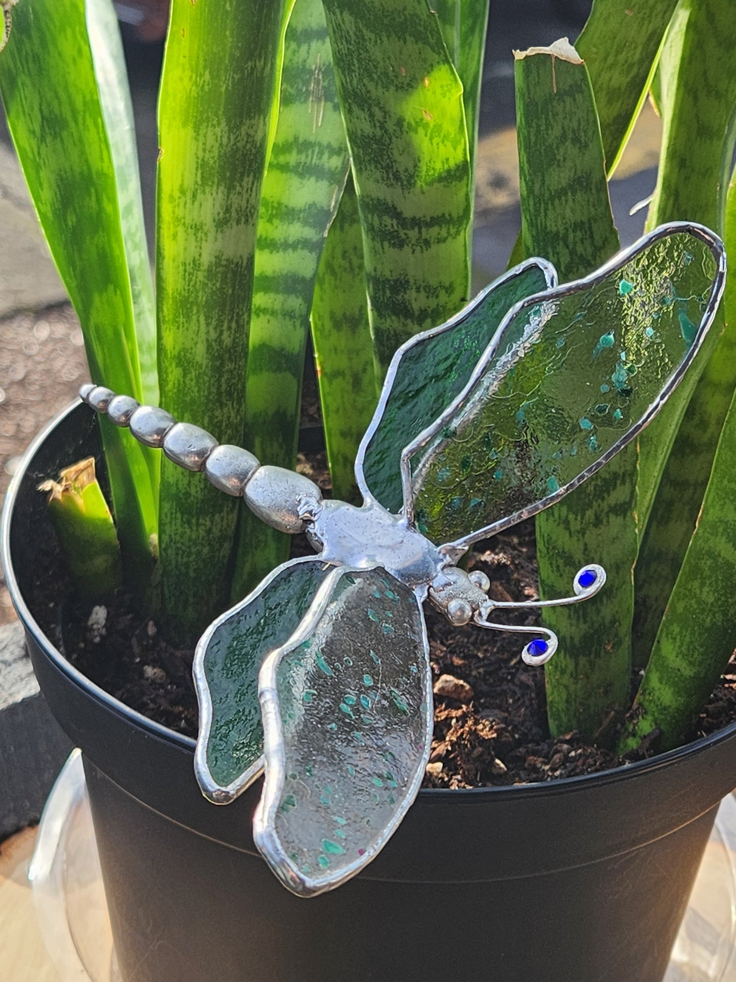 Solid Green & Streamer Glass Dragonfly Plant Stake