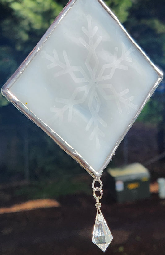 White Snowflake Stained Glass Suncatcher with Crystal