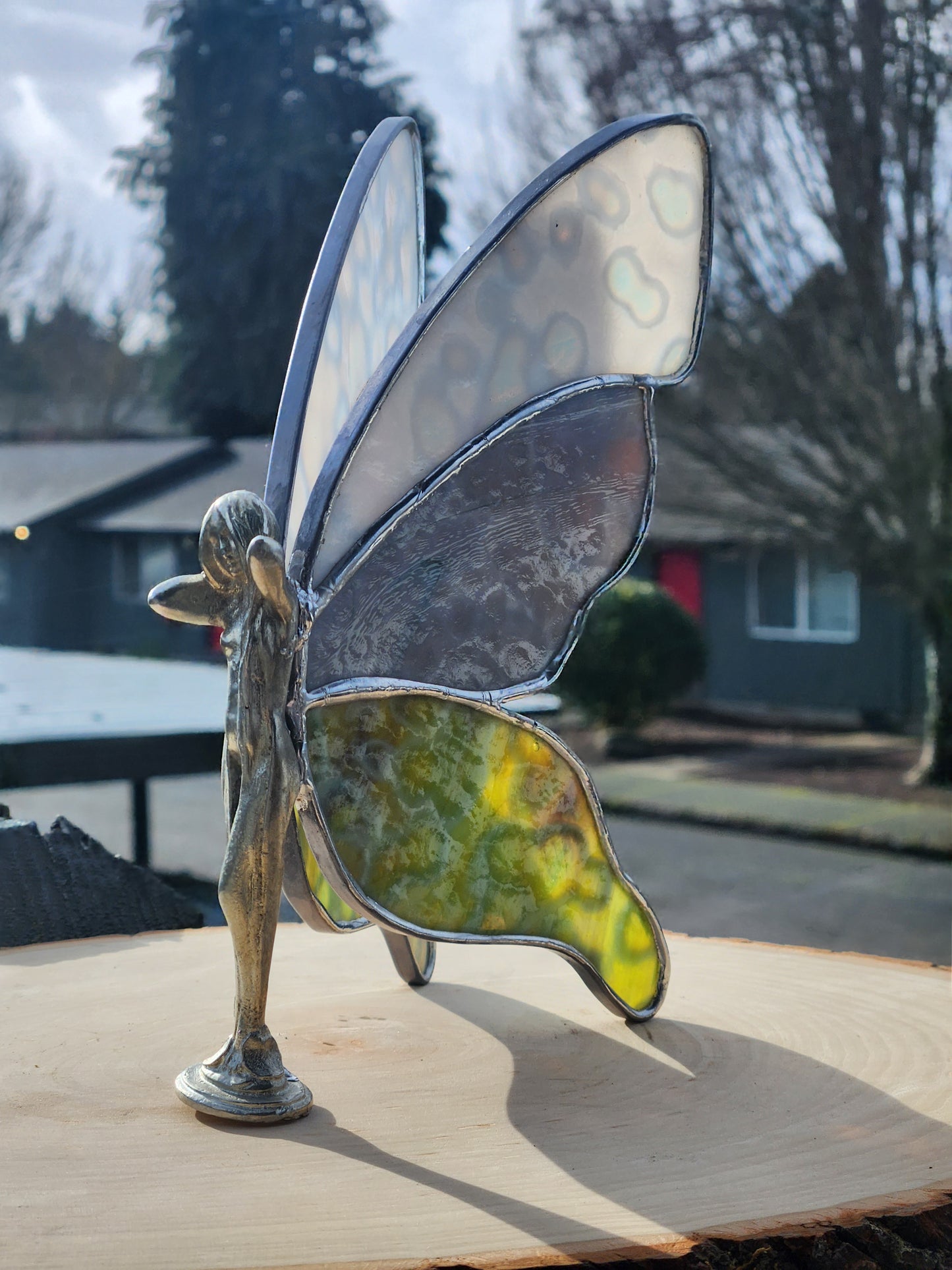 White, Purple & Green Mottled Stained Glass Fairy Lady