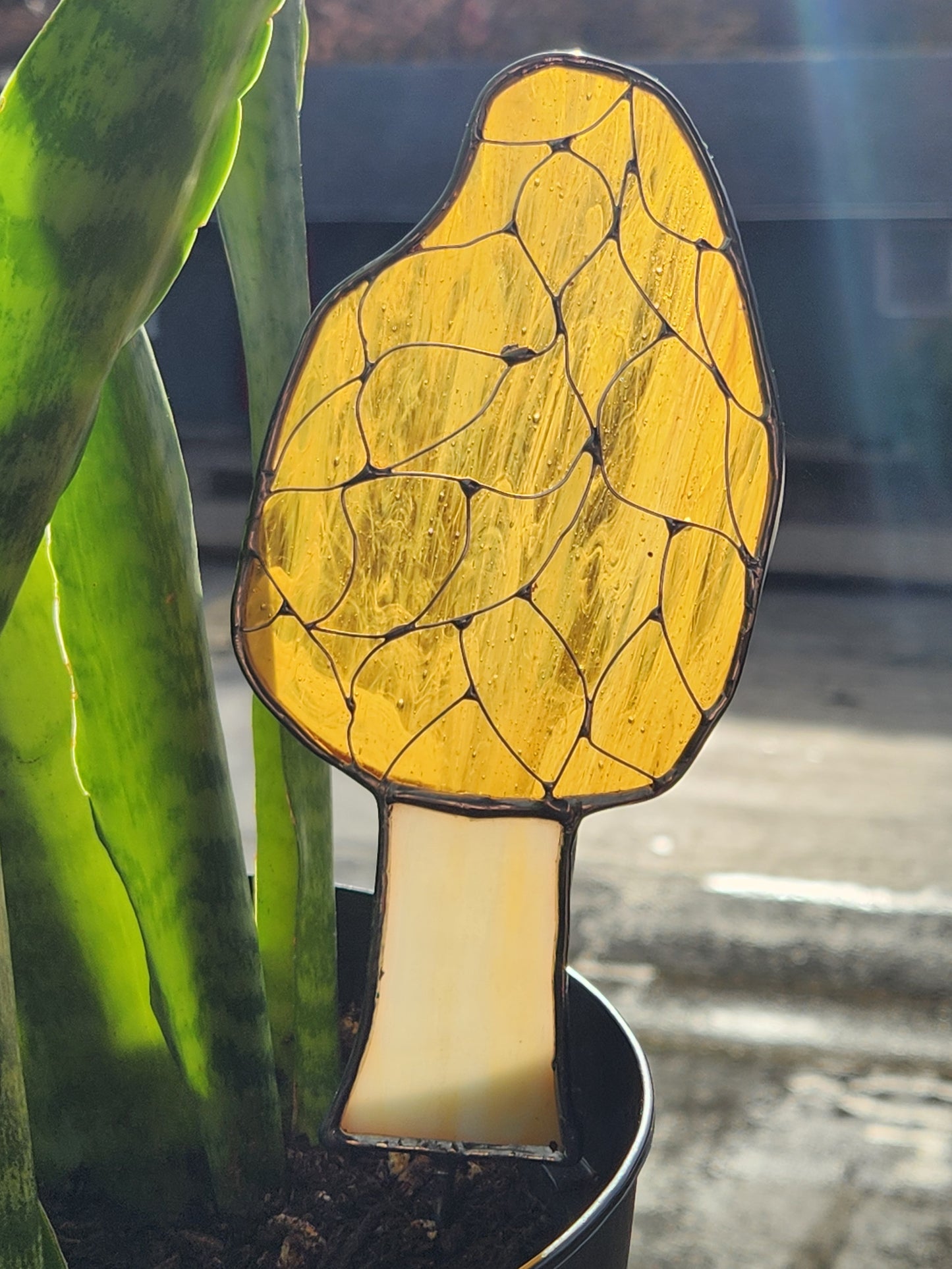 Stained Glass Morrel Mushroom Plant Stake