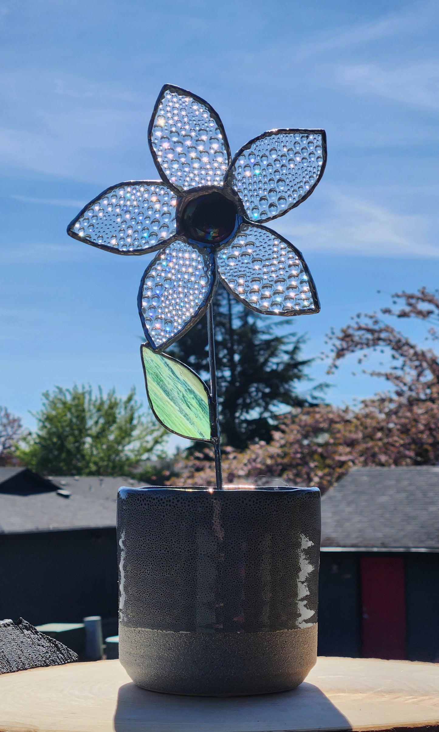 Clear Textured Stained Glass Potted Flower with Oil Slick Nugget Center