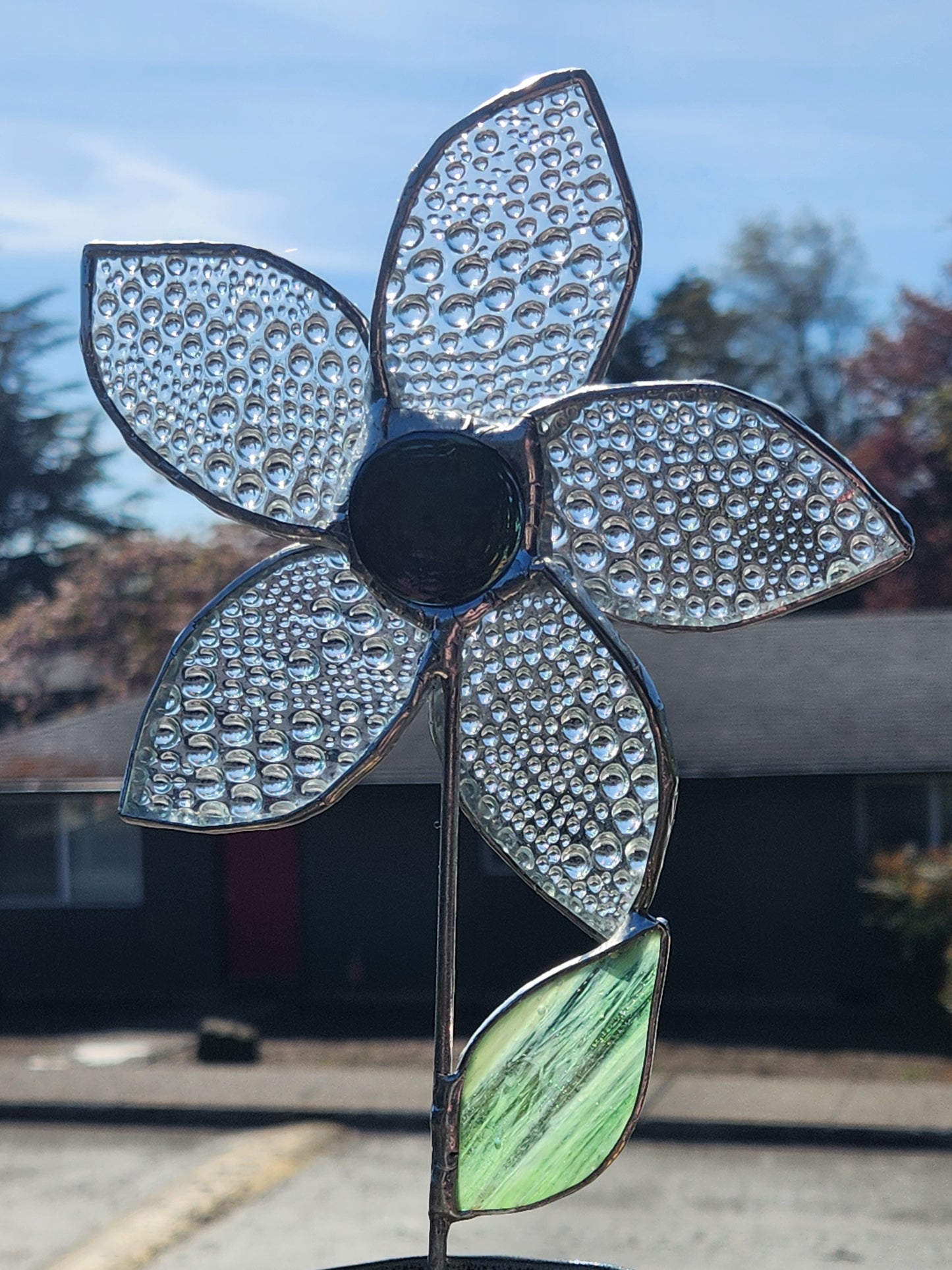 Clear Textured Stained Glass Potted Flower with Oil Slick Nugget Center