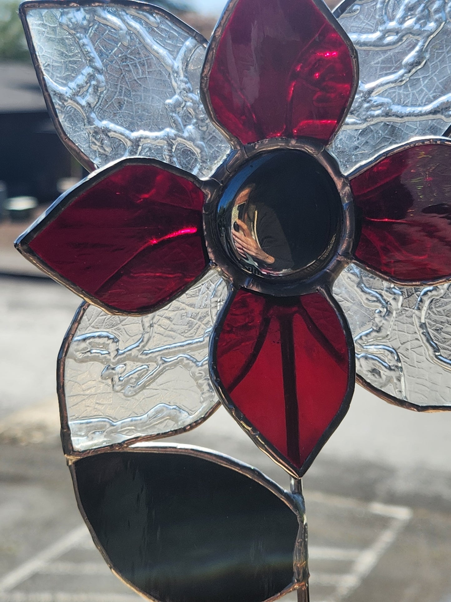 Crinkle Clear Textured & Red Stained Glass Potted Flower with Gunmetal Glass Nugget Center