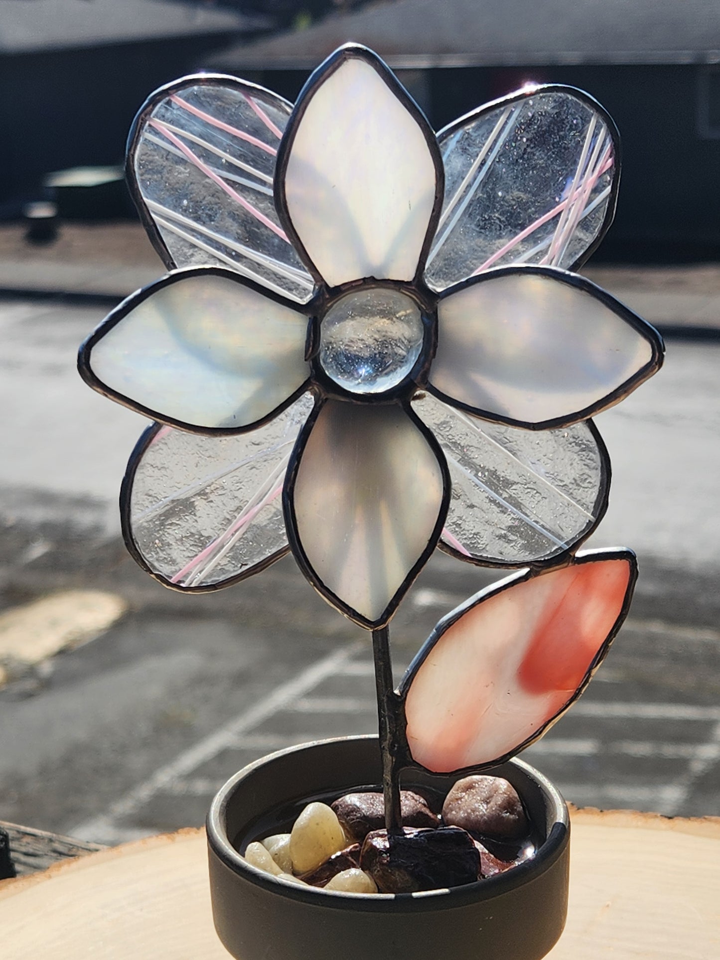 Iridescent & Pink Stained Glass Potted Flower with Clear Nugget Center