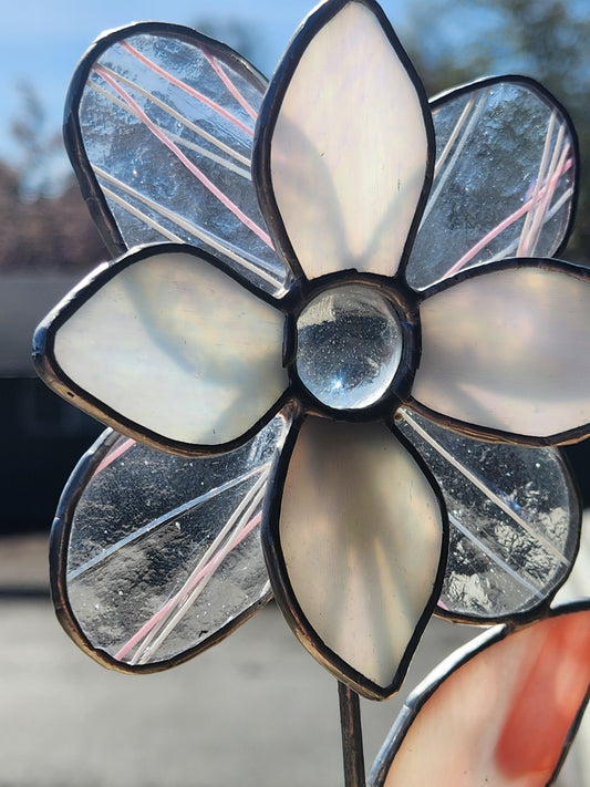 Iridescent & Pink Stained Glass Potted Flower with Clear Nugget Center