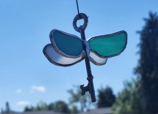 Teal and White Stained Glass Flying Key