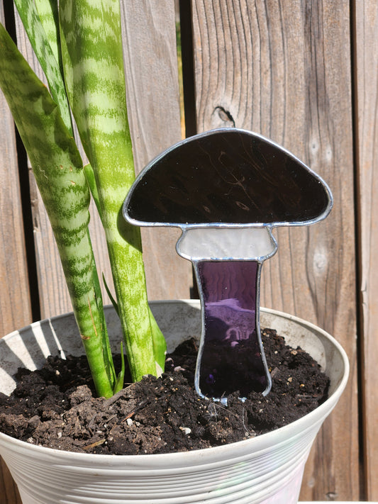 Black & Purple Waterglass with White Textured Stained Glass Mushroom Plant Stake