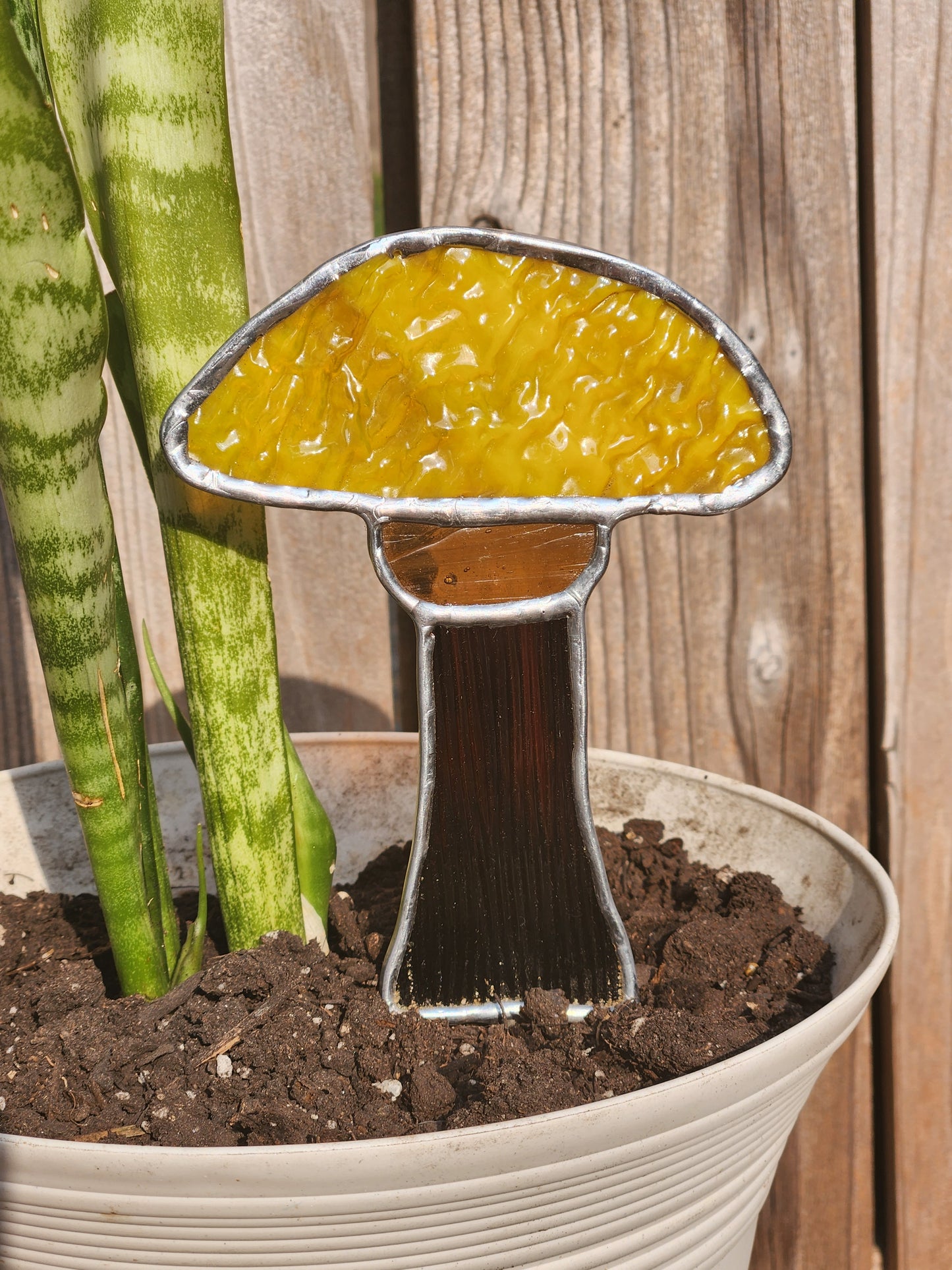 Mustard Textured Mushroom Stained Glass Plant Stake