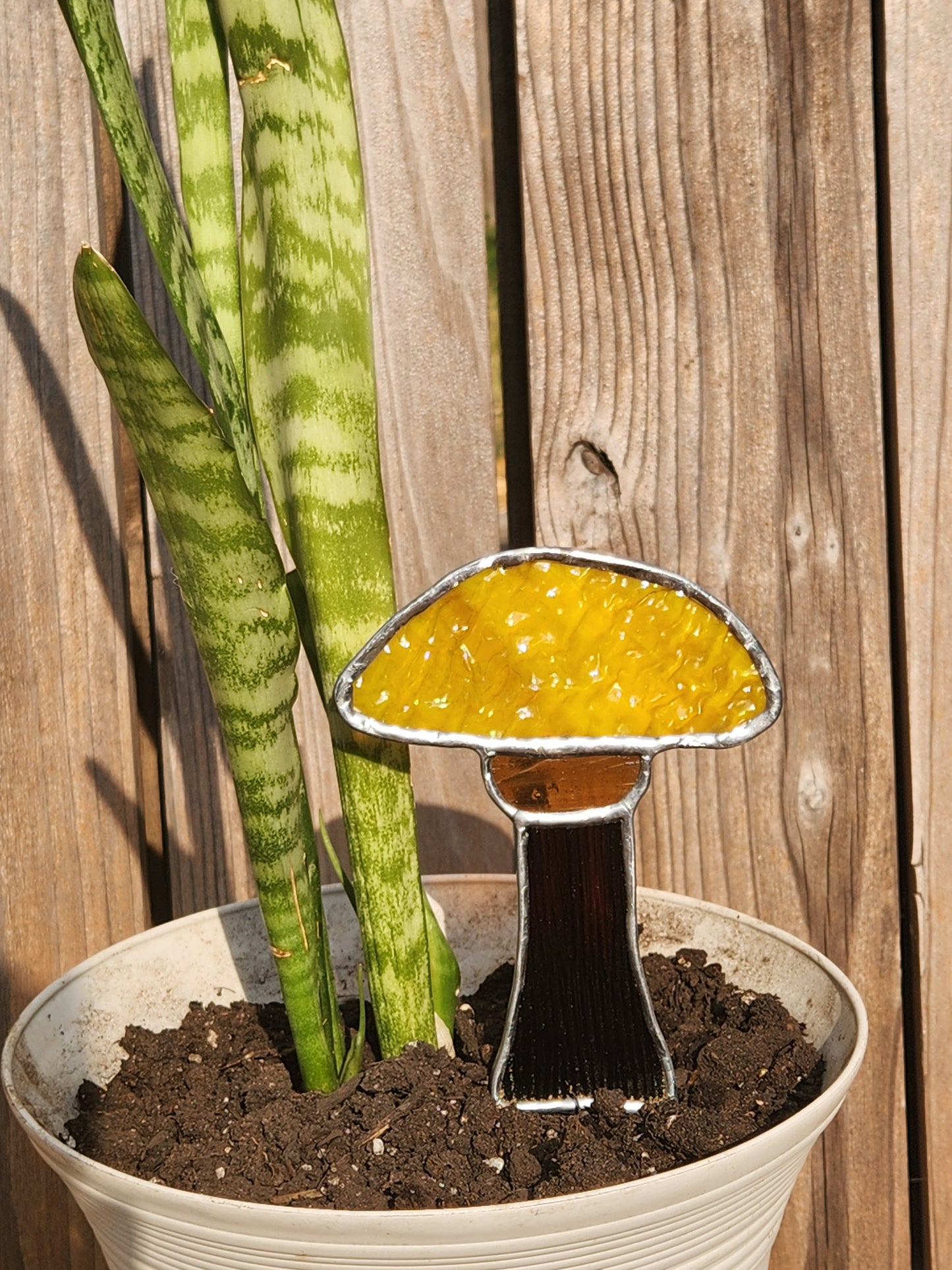 Mustard Textured Mushroom Stained Glass Plant Stake