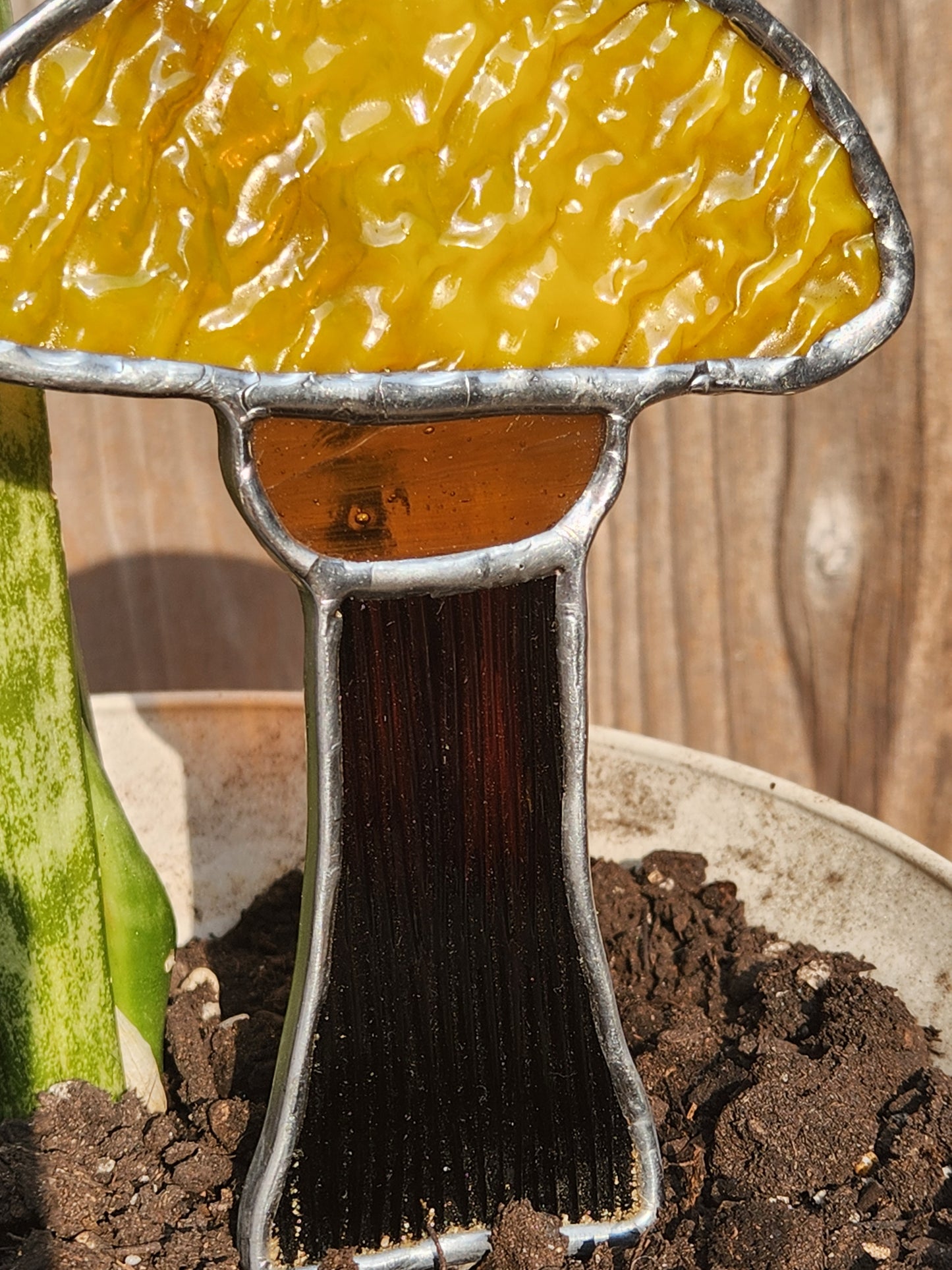 Mustard Textured Mushroom Stained Glass Plant Stake