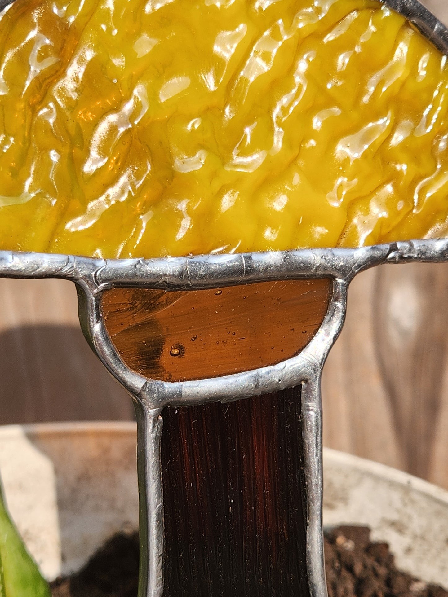 Mustard Textured Mushroom Stained Glass Plant Stake