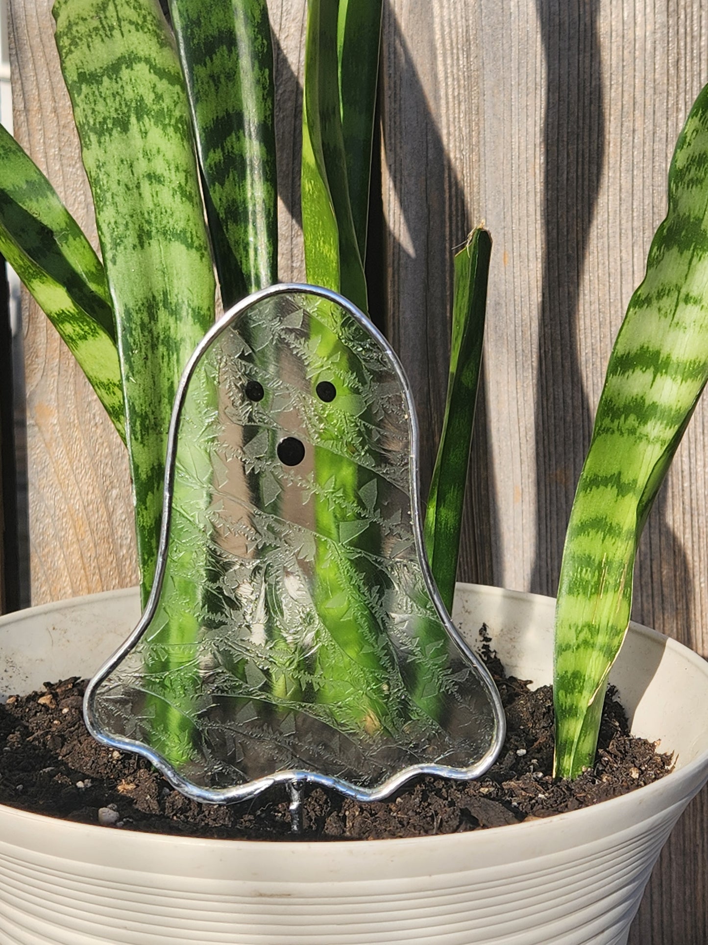 Ghost Stained Glass Plant Stake- Ice Flake Glass