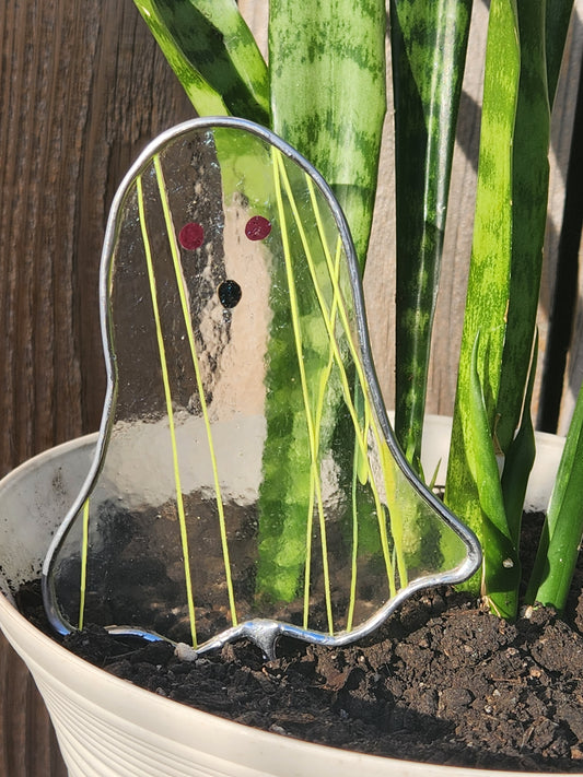 Ghost Stained Glass Plant Stake- Neon Striping Glass with Purple Eyes