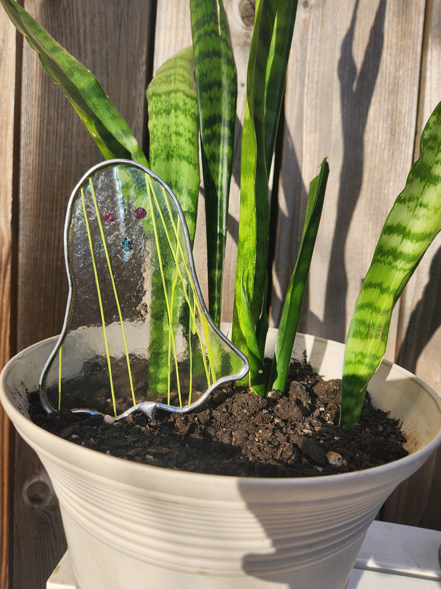 Ghost Stained Glass Plant Stake- Neon Striping Glass with Purple Eyes