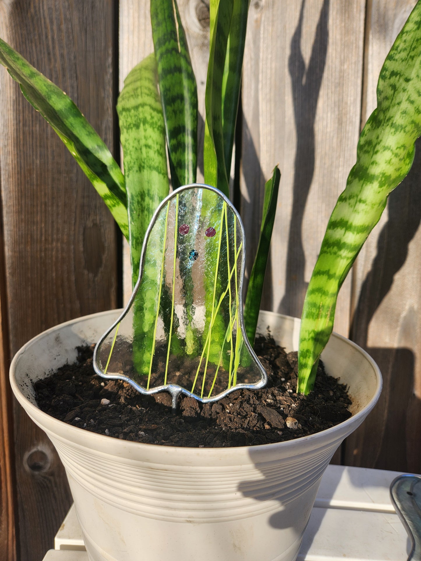 Ghost Stained Glass Plant Stake- Neon Striping Glass with Purple Eyes