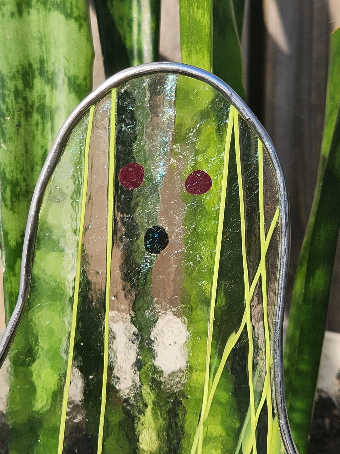 Ghost Stained Glass Plant Stake- Neon Striping Glass with Purple Eyes