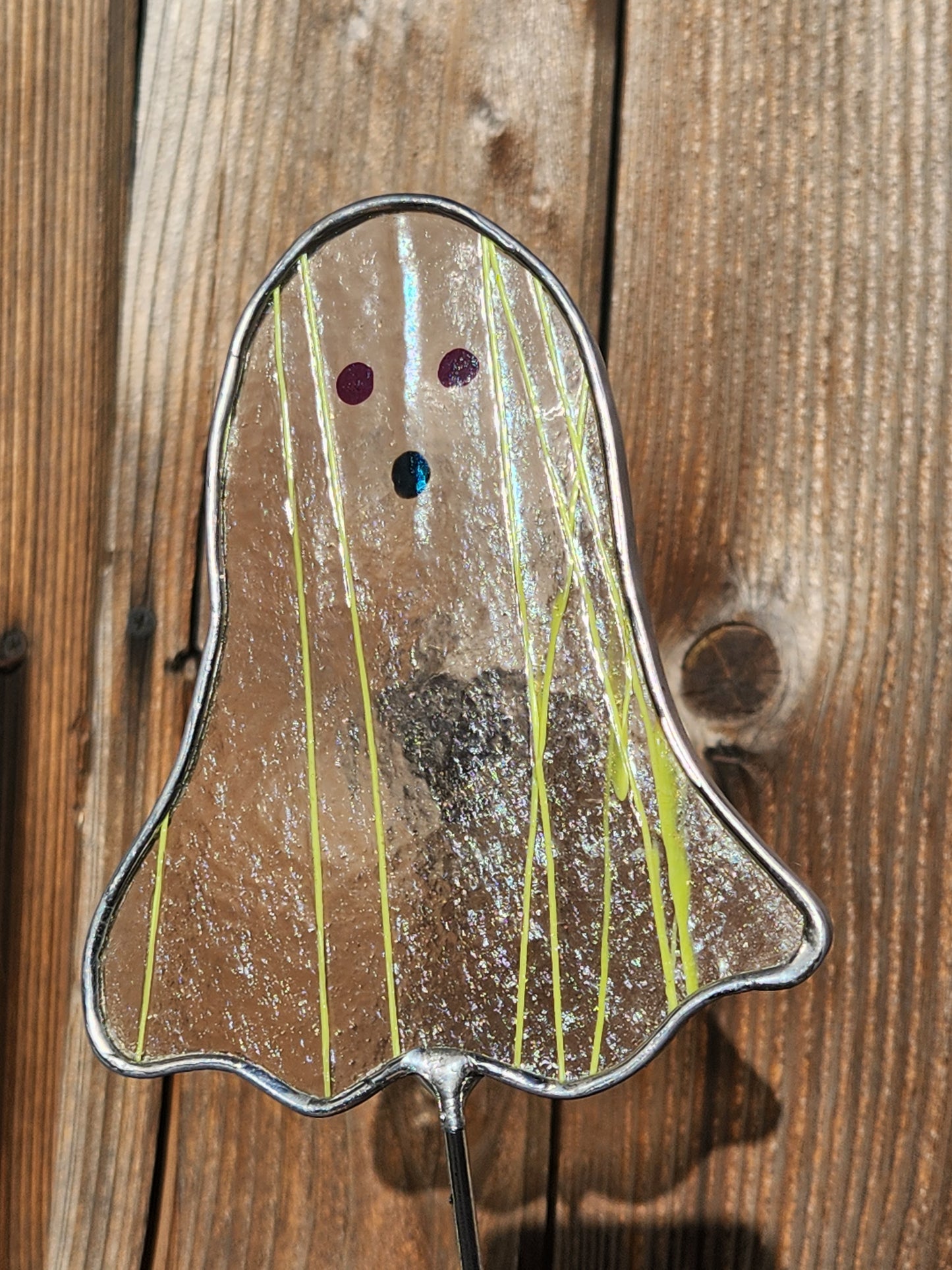 Ghost Stained Glass Plant Stake- Neon Striping Glass with Purple Eyes