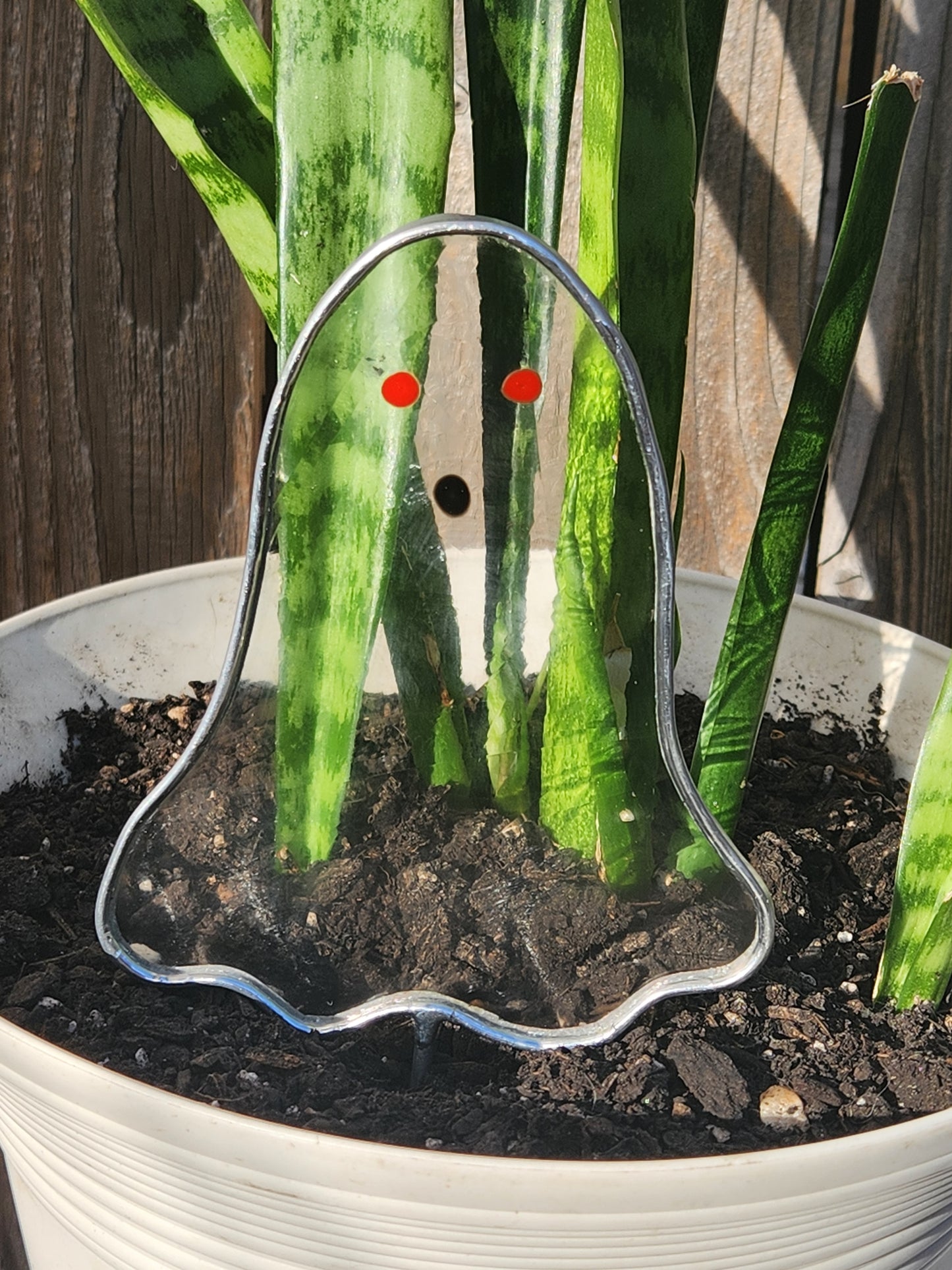 Ghost Stained Glass Plant Stake- Clear Swirl Glass with Red Eyes