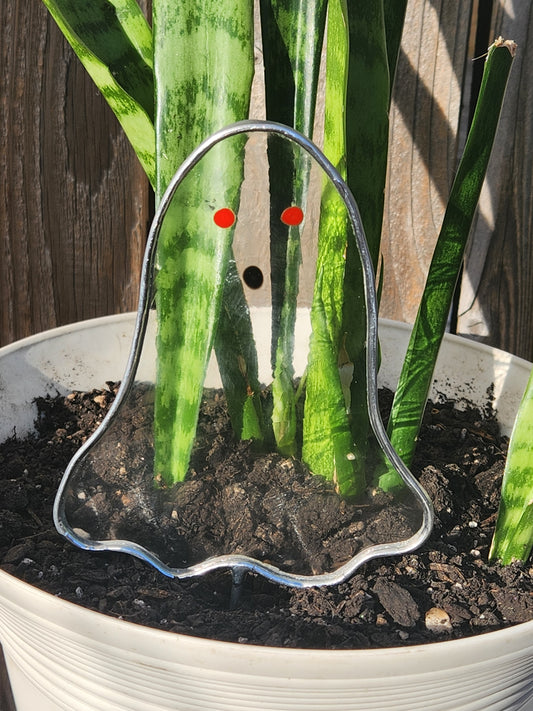 Ghost Stained Glass Plant Stake- Clear Swirl Glass with Red Eyes