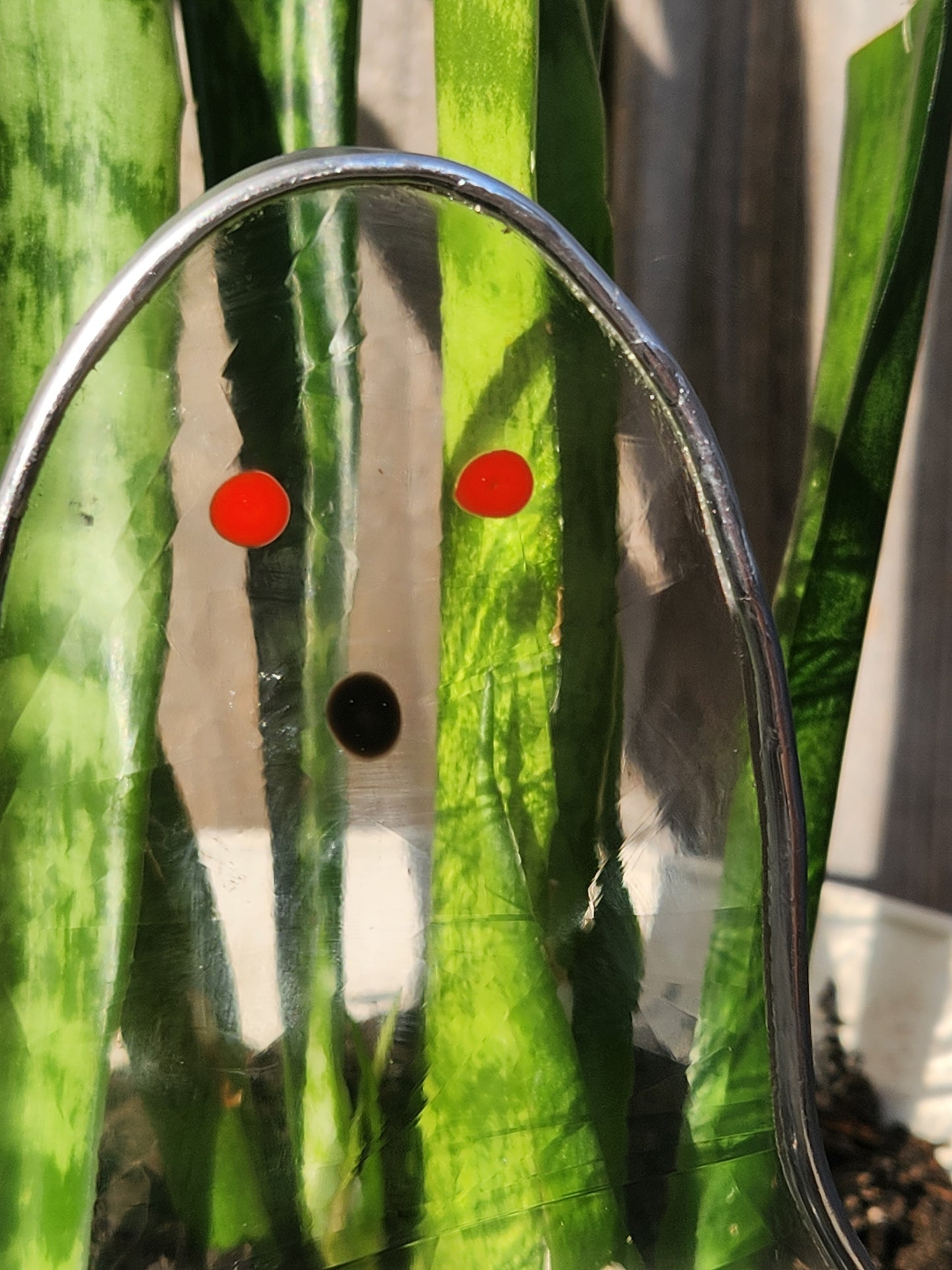 Ghost Stained Glass Plant Stake- Clear Swirl Glass with Red Eyes