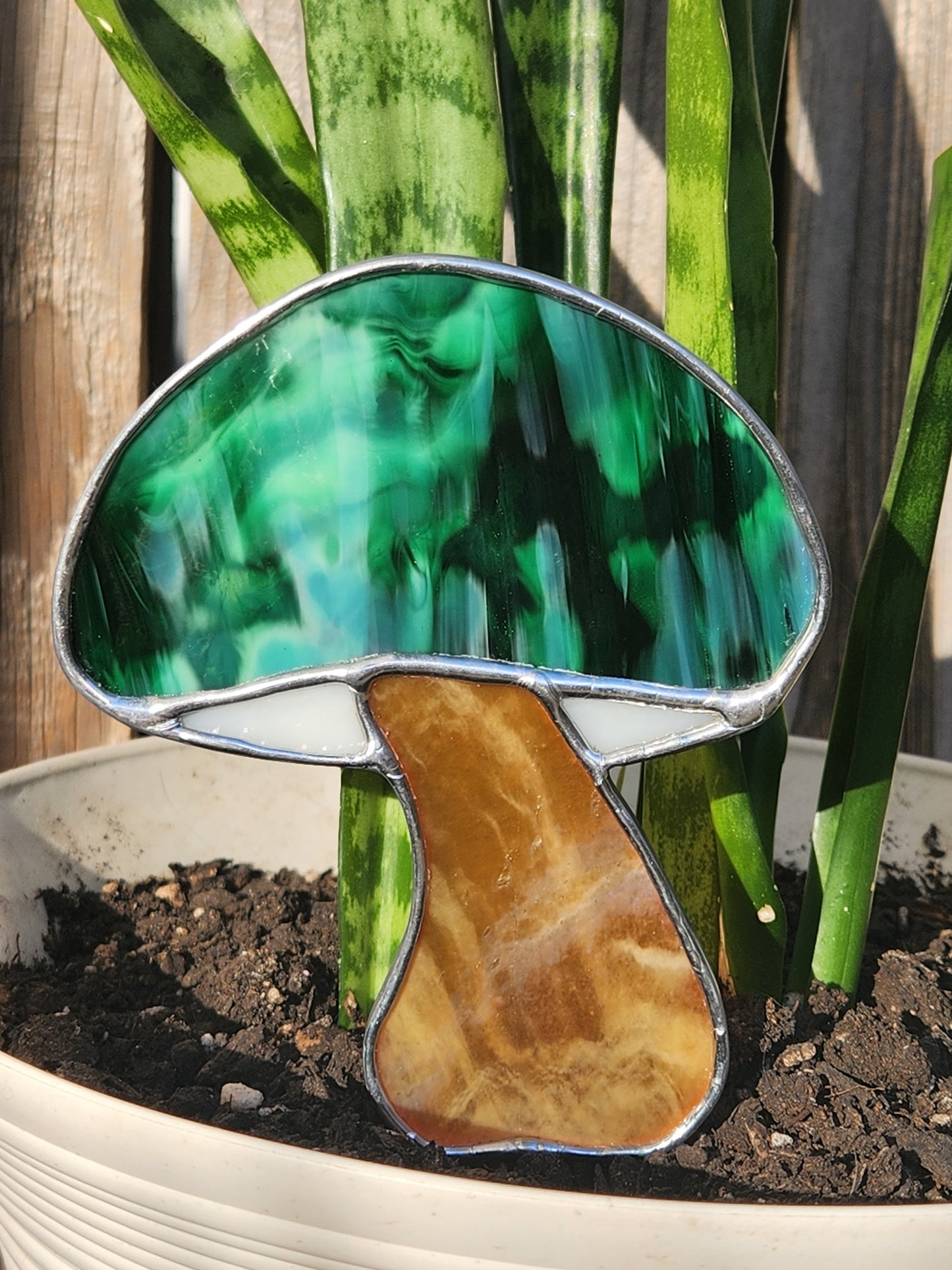 Green Splotchy Mushroom Stained Glass Plant Stake