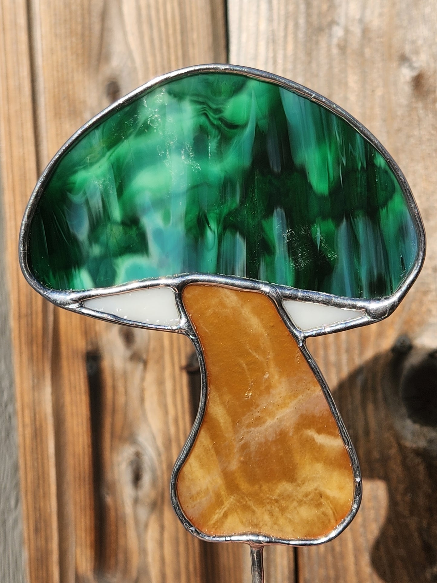 Green Splotchy Mushroom Stained Glass Plant Stake