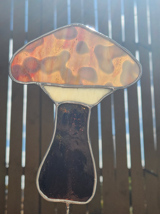 Gray Mottled Mushroom Stained Glass Plant Stake (Brown Stem)