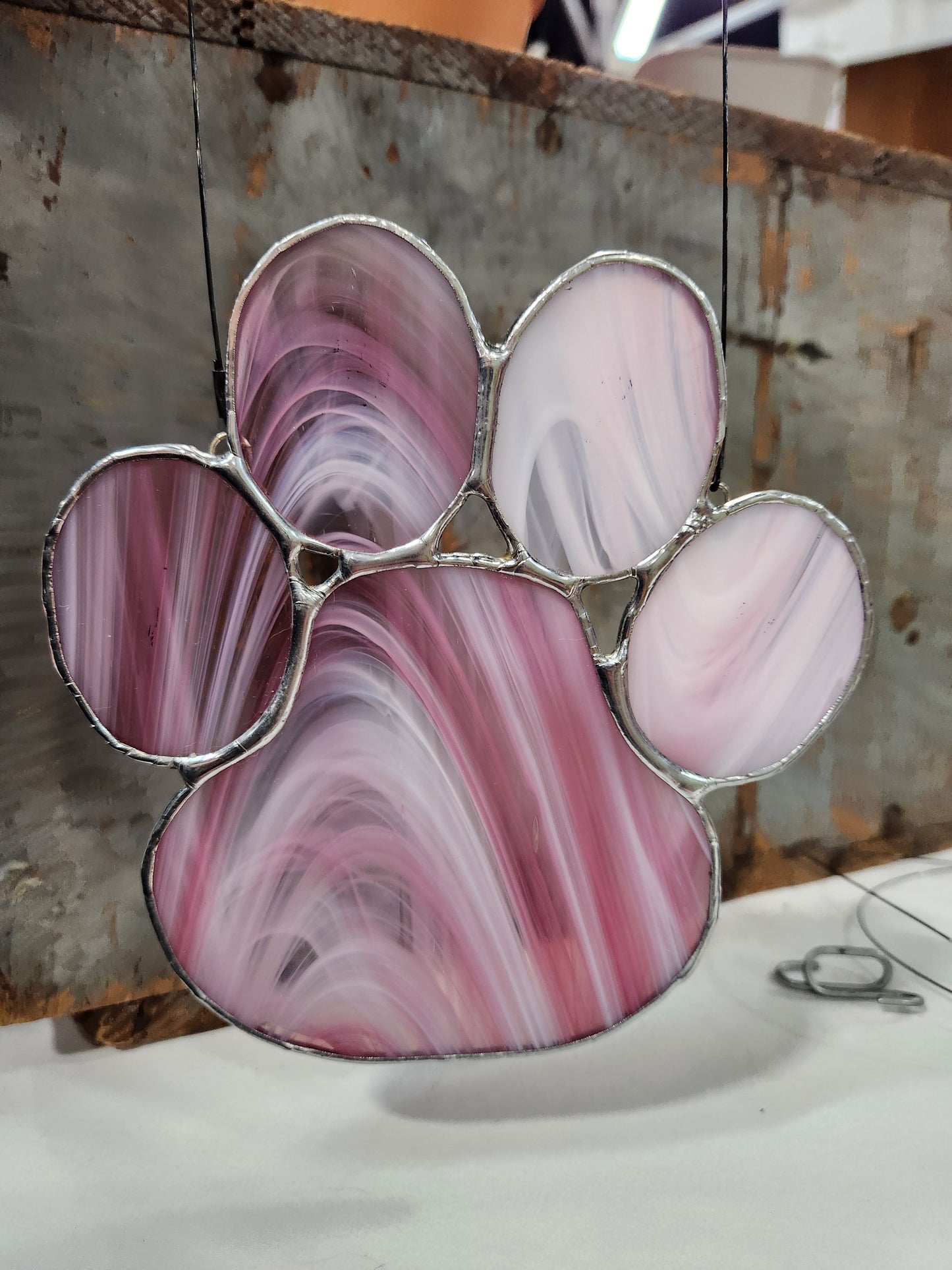 Swirly Pink Baroque Stained Glass Paw Print