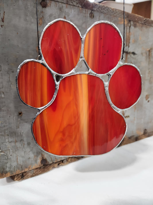 Streaky Red & Orange Stained Glass Paw Print