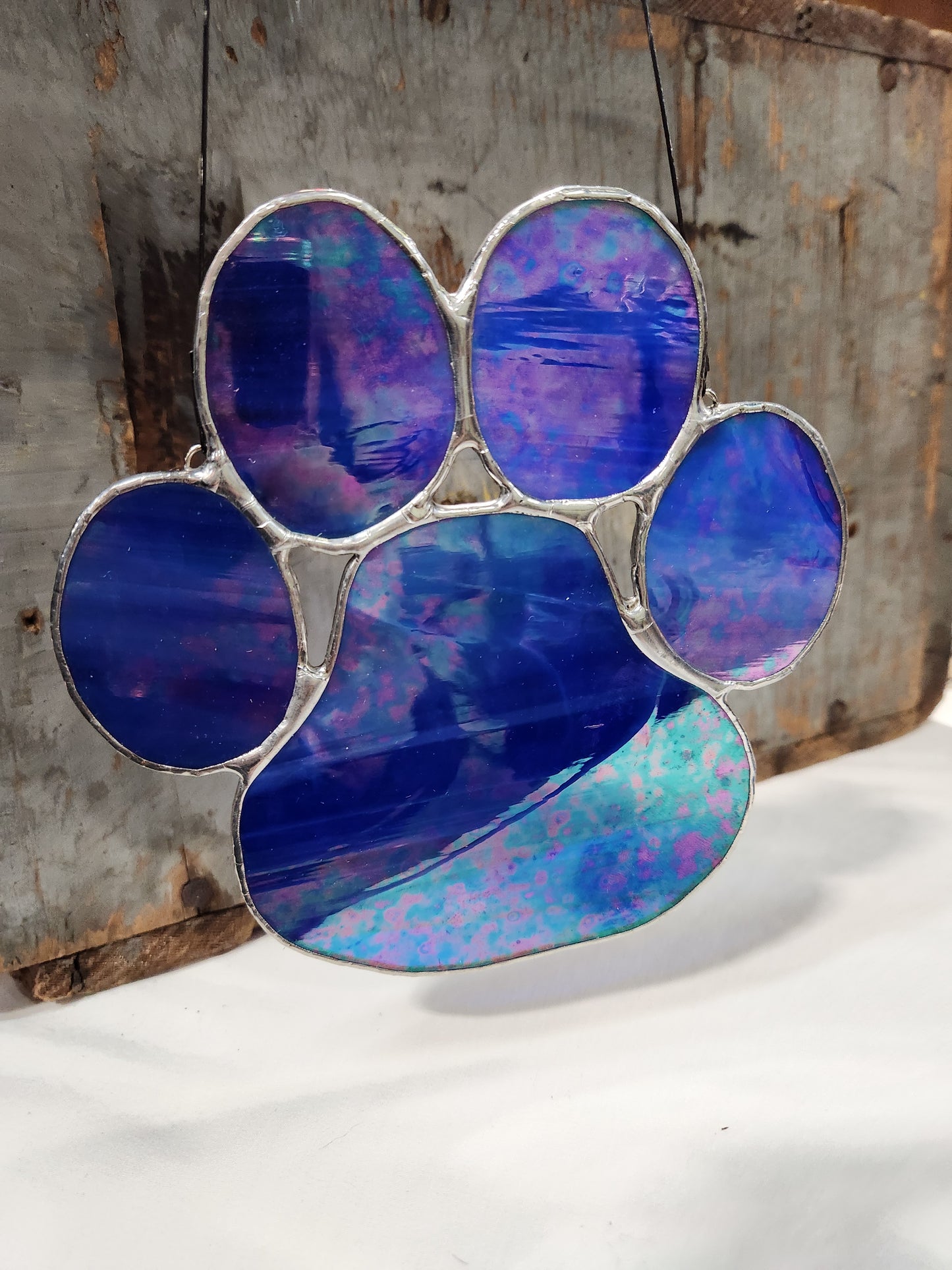 Deep Blue Iridescent Stained Glass Paw Print