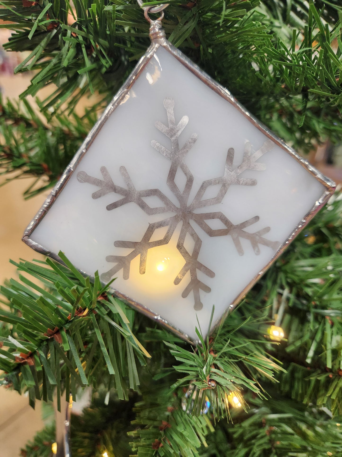 White Snowflake Stained Glass Suncatcher with Crystal