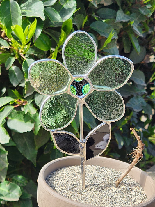 Mint Green Stained Glass Daisy Plant Stake with Dichroic Center