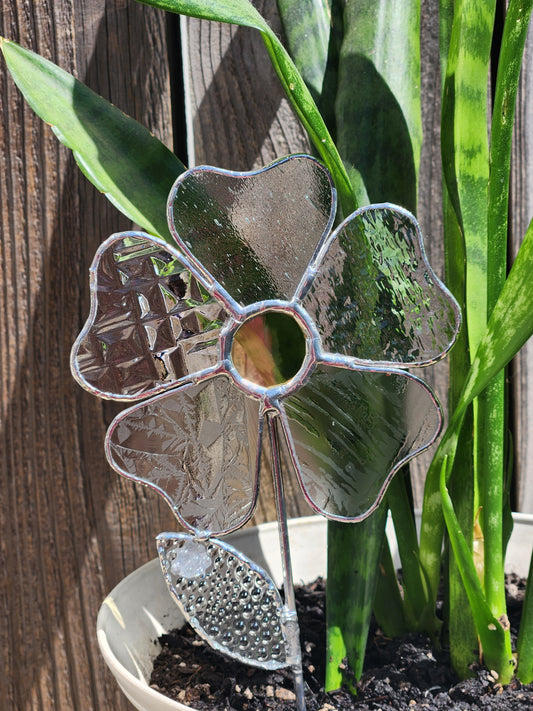 Large Clear Textured Wavy Flower Stained Glass Plant Stake with Yellow Center