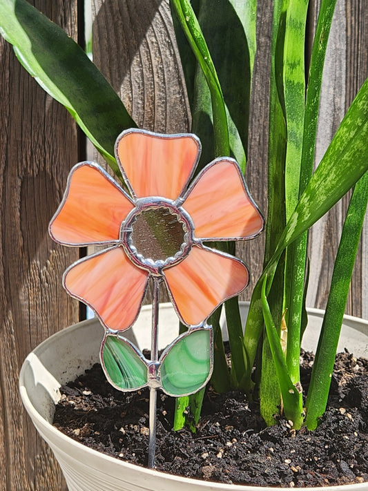 Orange Wavy Flower Stained Glass Plant Stake with Clear Center