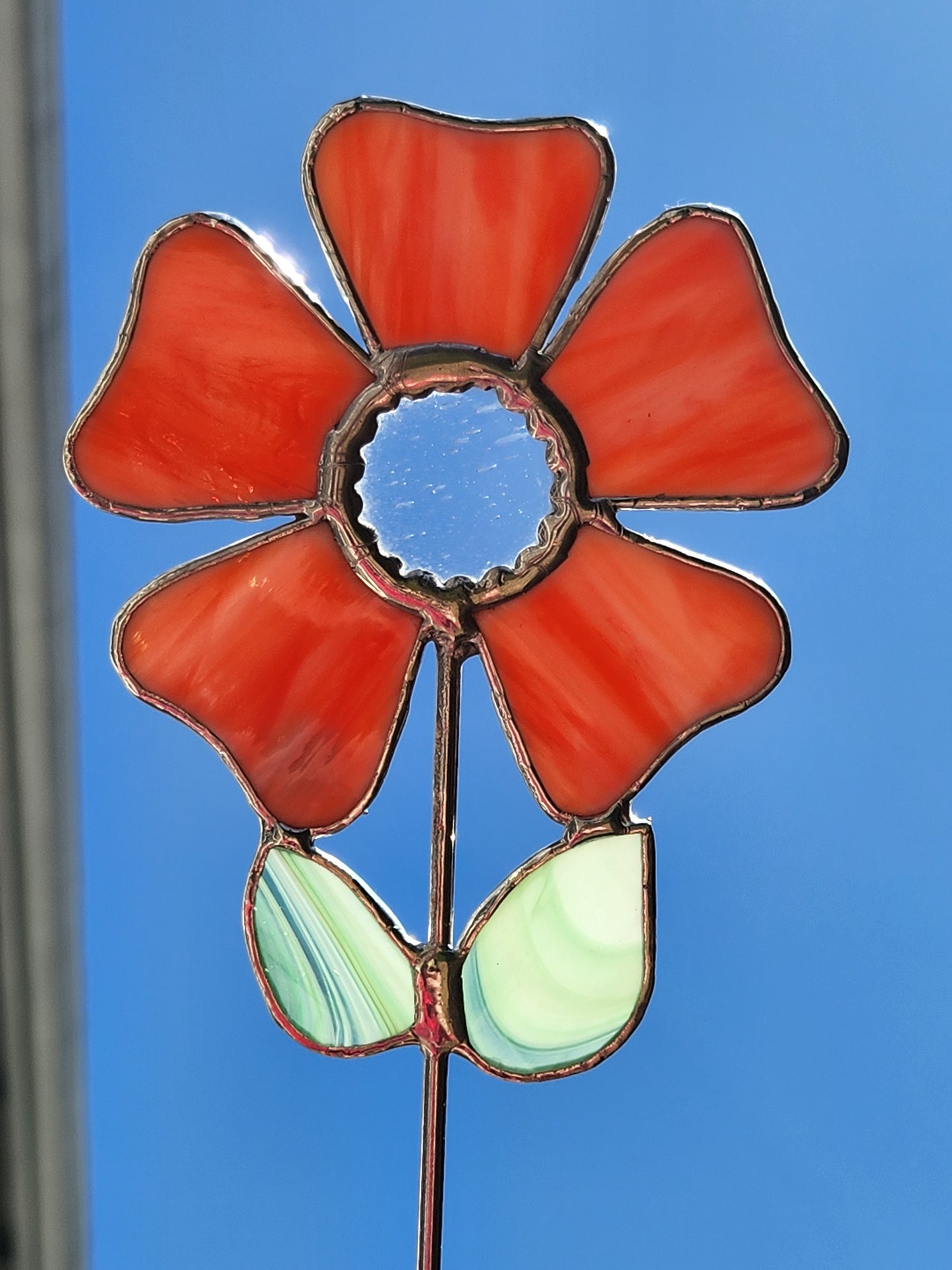 Orange Wavy Flower Stained Glass Plant Stake with Clear Center
