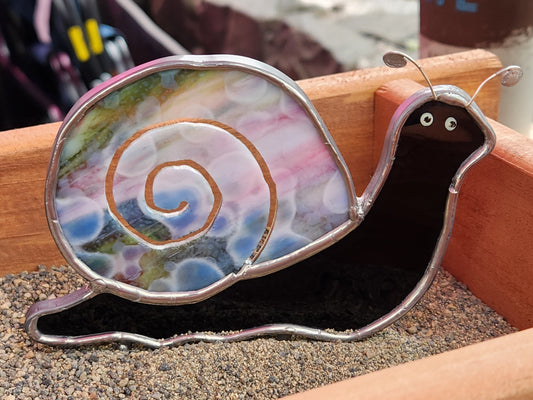 Black Waterglass & Mottled Snail Stained Glass Plant Stake