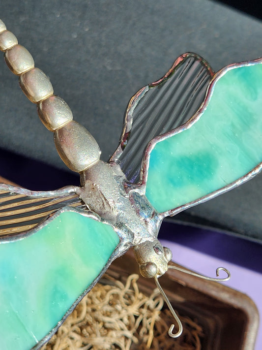 Seafoam & Clear Dragonfly Stained Glass Plant Stake