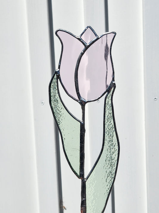 Pink Waterglass and Light Green Tulip Stained Glass Plant Stake