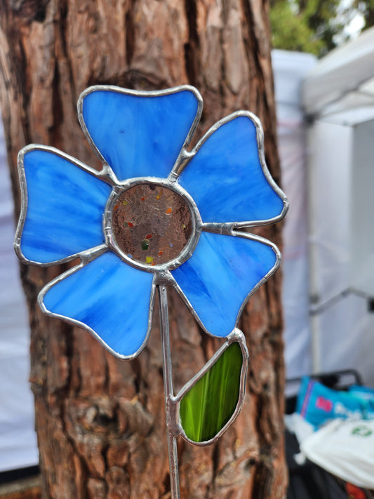Bright Blue Wavy Flower Stained Glass Plant Stake with Rainbow Confetti Center