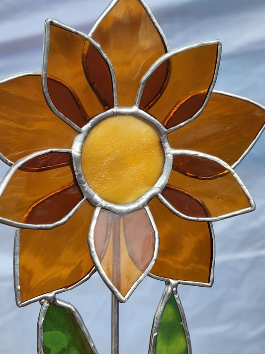 Dark Orange Stained Glass Sunflower Plant Stake with Texture Brown Center