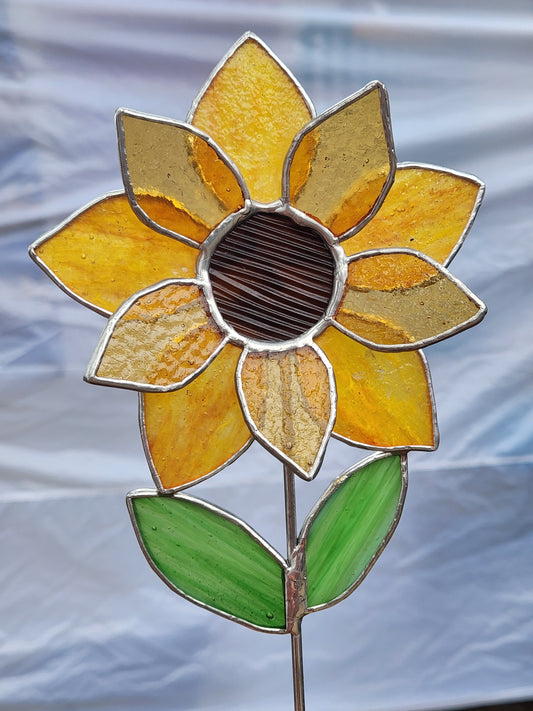 Orange Yellow & Vintage Amber Stained Glass Sunflower Plant Stake with Texture Brown Center